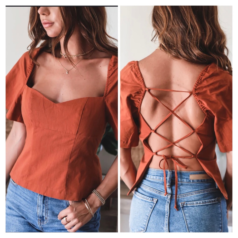 OHM Boutique- linen top with lace up open back in Rust size L